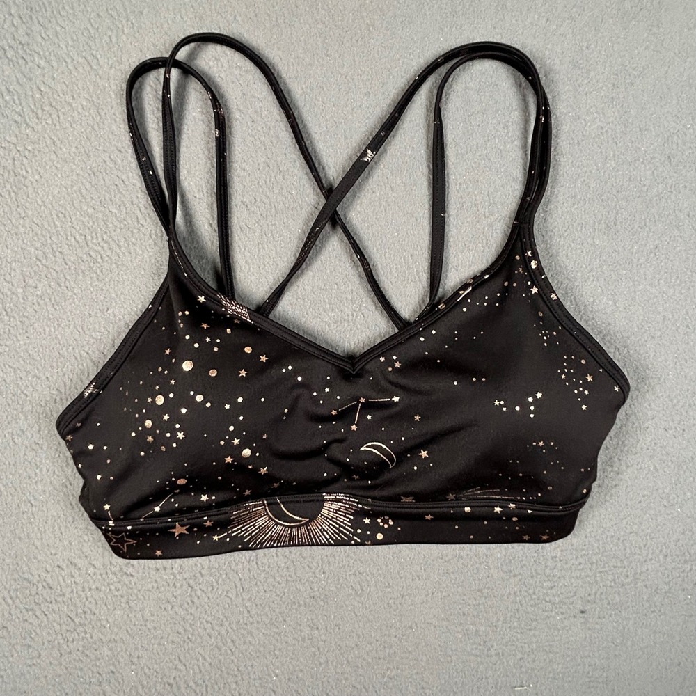 Old Navy Sports Bra Womens M Black Celestial Sun Moon Star Strappy Go-Dry Active